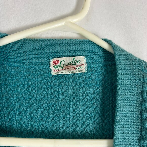 RosaLee Vintage Wool Cardigan Crewel Embroidered Turquoise L (Holes) - Picture 7 of 7
